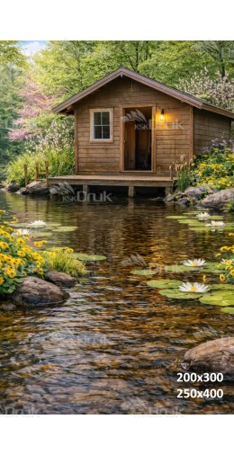 Tło fotograficzne „Drewniana chatka nad stawem z liliami wodnymi” | E859